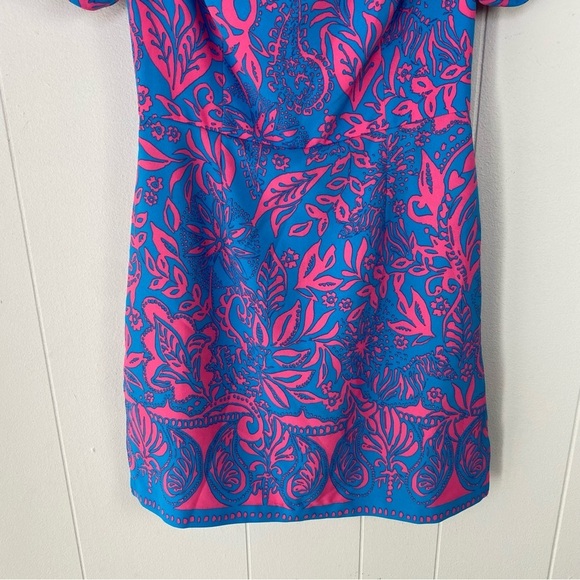Lilly Pulitzer Jada Off-The-Shoulder Romper  Size 0 Pink Blue Missing Tie Waist - Picture 7 of 15